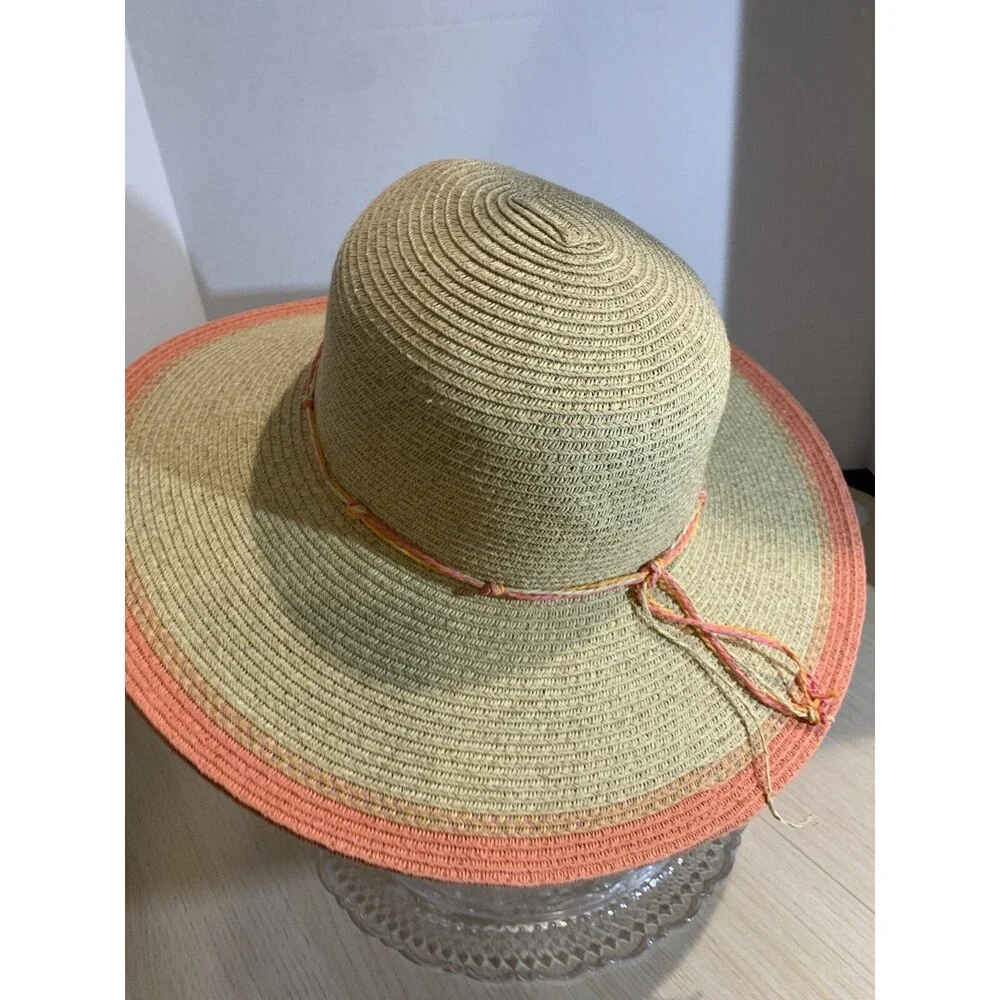 K.Keith Beige Straw Sun Hat Wide Brim with Peach edge and Band, Adjustable Sz M